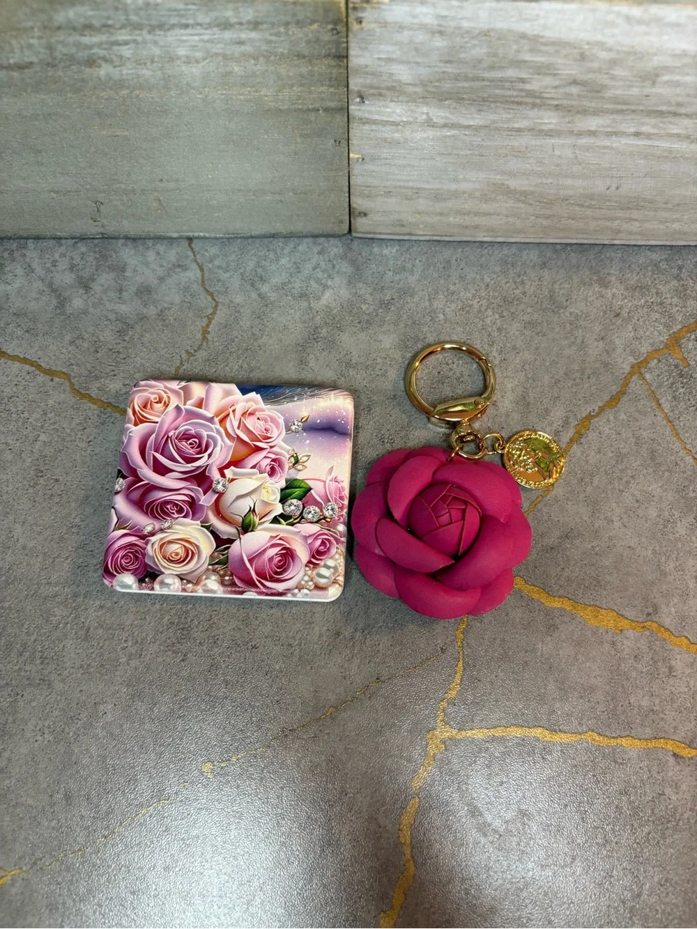 Pink Rose Key & Card Holder Set with Floral Compact and Rose Keyring